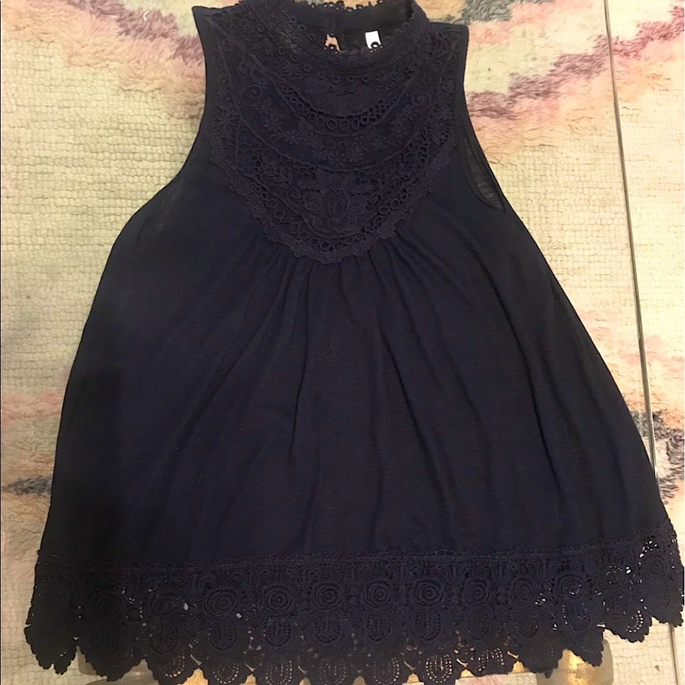 Navy blue high neck lace detailed top